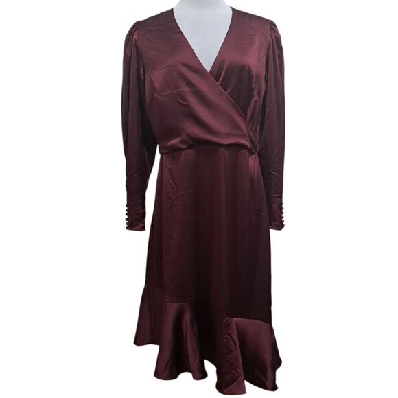 Calvin Klien Satin Puff Sleeve High Low Ruffled Hem Holiday Burgundy S 12 NWT - Picture 4 of 17